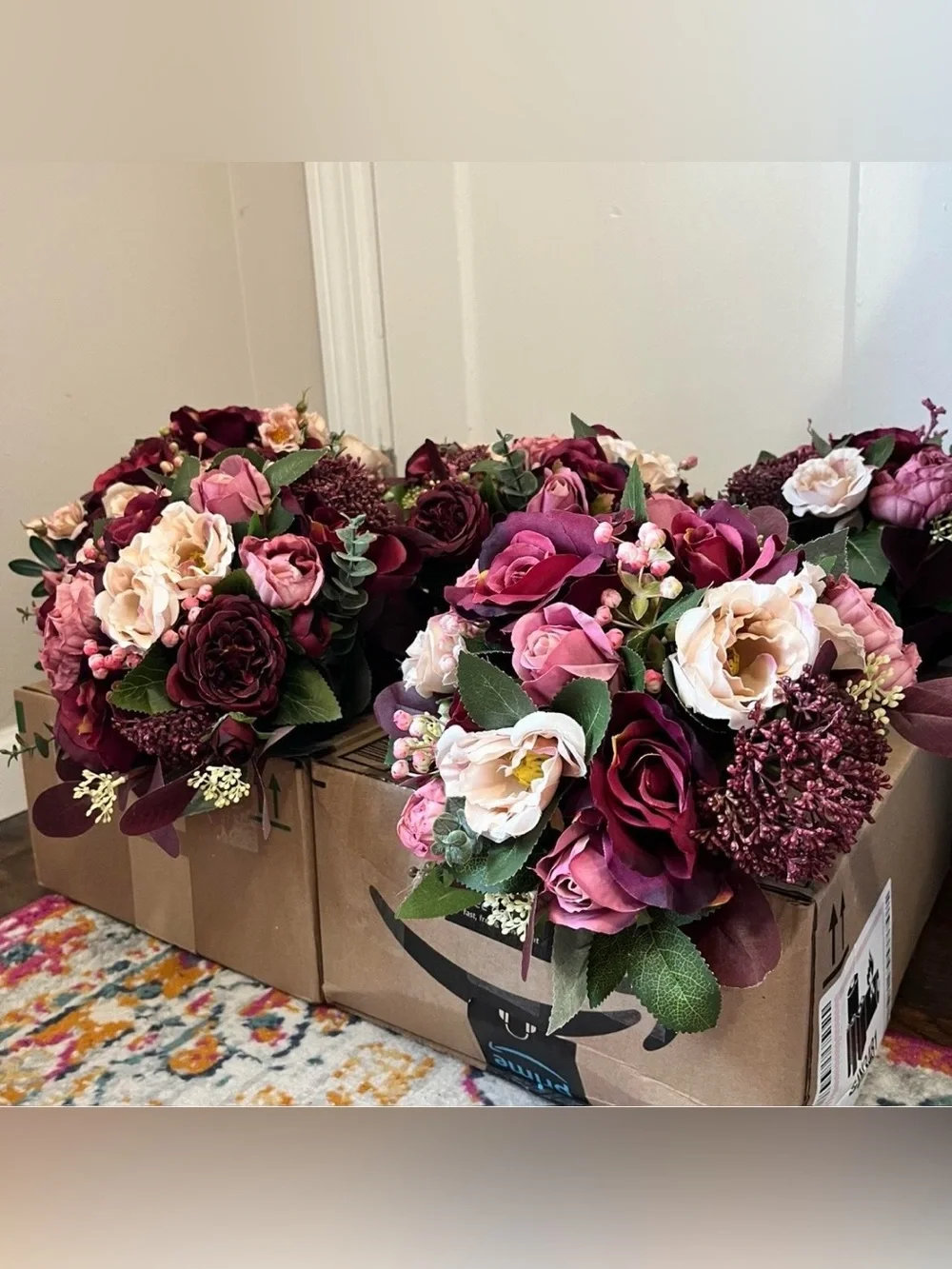 6 Burgundy and Blush Artificial Rose Bouquets - 5 Bridesmaid 1 Bride